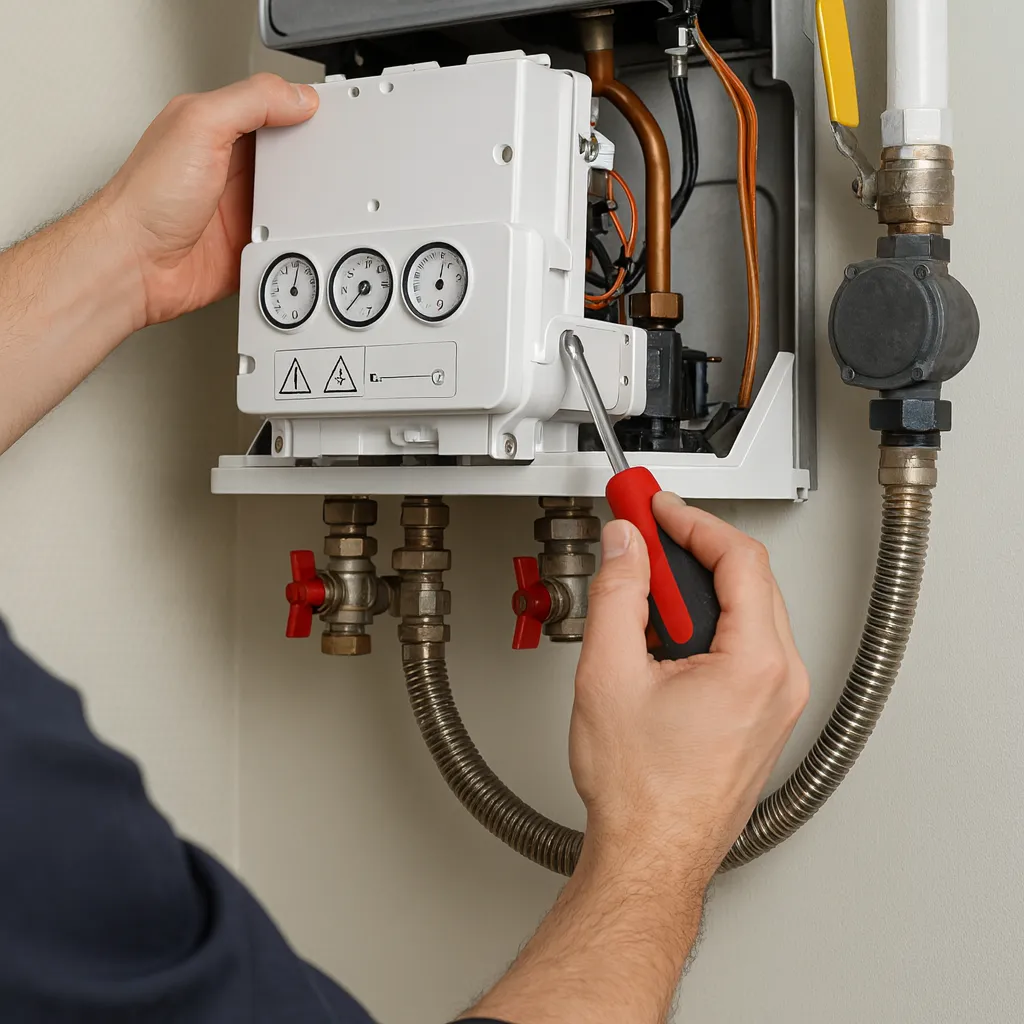 Técnico instalando caldera